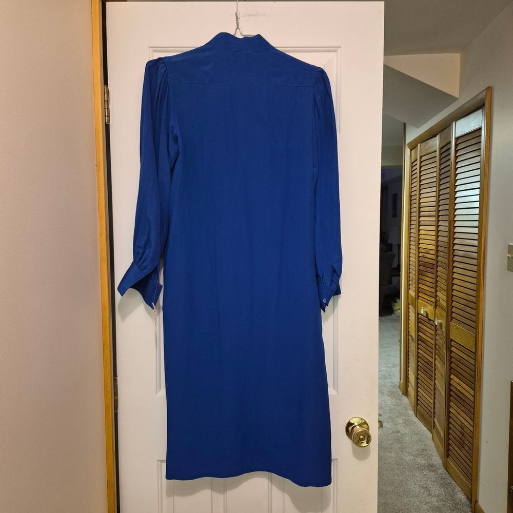 Vintage Royal Blue 100% Silk Dress 80s Power Dressing Office Siren Modest Chic